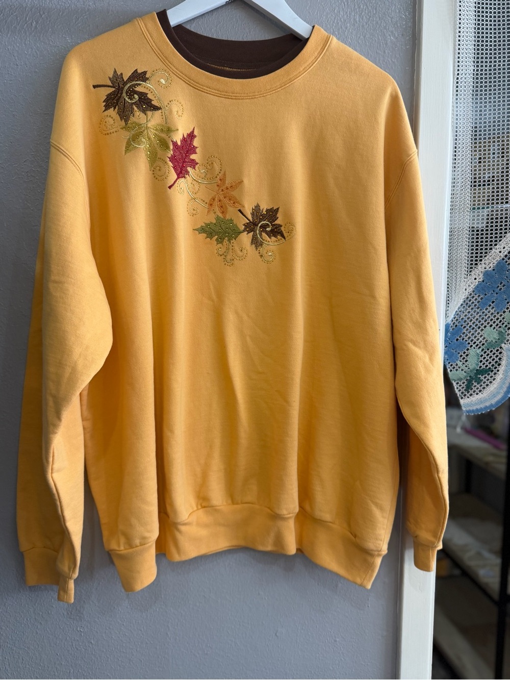 Yellow Leaf-Embroidered Crewneck Sweater